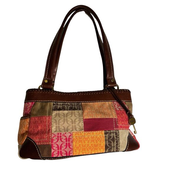 Fossil Patchwork Multicolored Purse With Zipper, Side Pockets. Brown Trim/straps - Picture 1 of 12